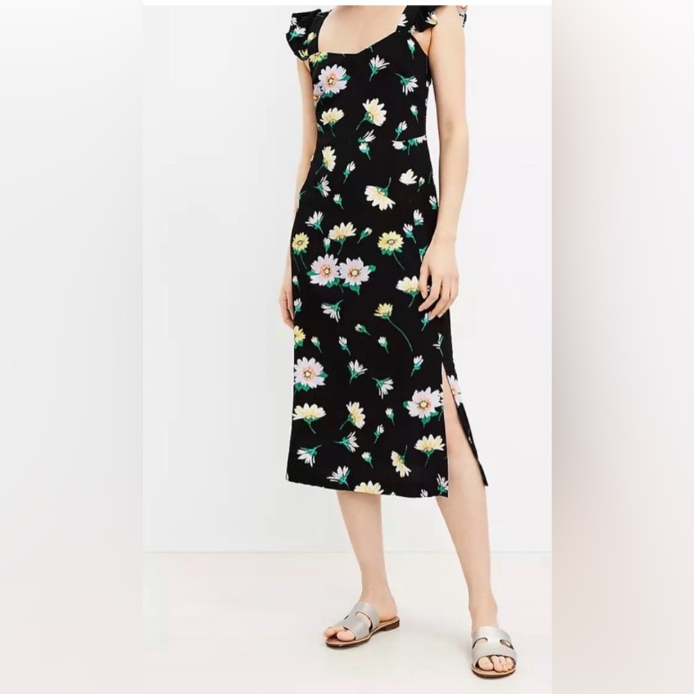 LOFT Black Floral Midi Dress with Ruffle Straps and Side Slit